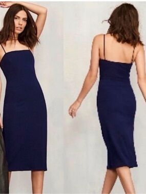 Reformation Square Neck Navy Blue Ribbed Stretch Midi Dress Size Large